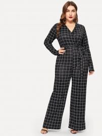 Surplice Neck Tie Waist Palazzo Grid Jumpsuit by Shein at Shein