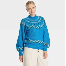 Sweater Chevron Balloon Sleeve Knit XL Who What Wear High Neck Mock Blue Career 195994773273 eBay at eBay