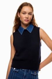 Sweater With Denim Collar by Sandro Rent the Runway at Rent the Runway