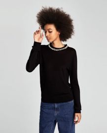 Sweater with faux pearl collar at Zara