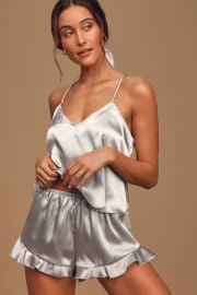 Sweetest Dreams Silver Satin Ruffled Two-Piece Pajama Set at Lulus