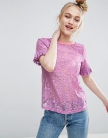 T-Shirt in Lace with Ruffle Sleeve and Stripe Tipping at Asos