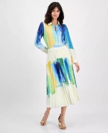 T Tahari Brushstroke Print Pleated Midi Skirt at Macys