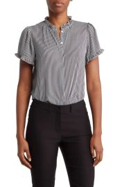 T Tahari Covered Ruffle Neck Placket Short Sleeve Top at Nordstrom Rack