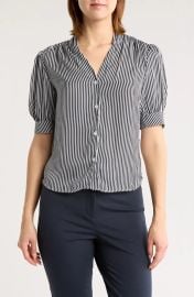 T Tahari Short Sleeve Airflow Blouse in Navy White Stripe at Nordstrom Rack