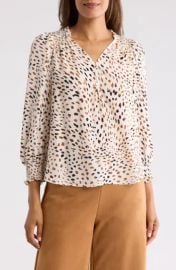 T Tahari Smocked Button Up Shirt in White Ground Neutral Print at Nordstrom Rack