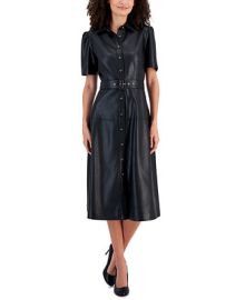 T Tahari Womens Faux Leather Belted Midi Shirtdress - Macys at Macys