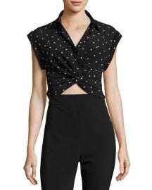 T by Alexander Wang Collared Knot-Front Crop Shirt  Black Pattern at Neiman Marcus