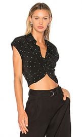 T by Alexander Wang Collared Knot Front Shirt in Black  amp  Emerald Print from Revolve com at Revolve