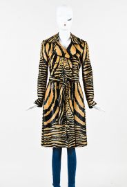 TAN DARK BROWN PONY HAIR ANIMAL PRINT TIE BELTED TRENCH COAT at Luxury Garage Sale