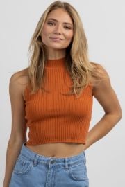 TANGERINE RIBBED MOCKNECK CROP TANK  at L'ABEYE