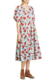 THE GREATThe Pleated Ravine Floral Print Cotton Midi Dress in Western Rose Print  at Nordstrom