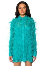 THE MOMENT FEATHER DETAIL SHIRT DRESS IN EMERALD at Akira