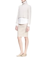 THE ROW Cropped Turtleneck Sweater Button-Up Blouse and Heavyweight Denim Skirt at Neiman Marcus