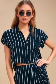 TROPICAL CRUSH NAVY BLUE STRIPED BUTTON-UP CROP TOP billabong at Lulus