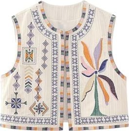 TUWIXIUW Vintage Boho Flower Printed Vest for Women Y2k Floral Embroidery Open Front Vests Sleeveless Cropped Waistcoat Top at Women39s Coats Shop at Amazon