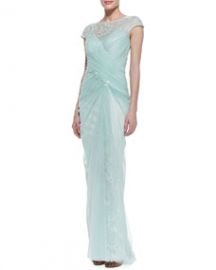 Tadashi Shoji Cap Sleeve Lace Yoke Draped Gown Mint at Neiman Marcus