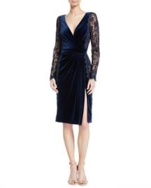 Tadashi Shoji Lace Long-Sleeve  amp  Velvet V-Neck Dress at Neiman Marcus