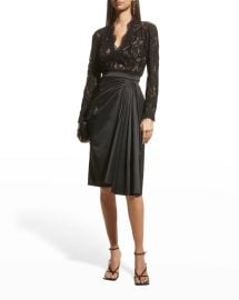 Tadashi Shoji Scalloped Lace Taffeta Long Sleeve Dress at Neiman Marcus