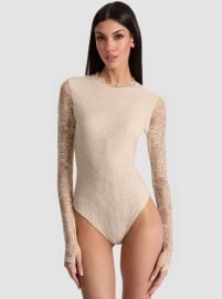 Taeyn Lace Bodysuit In Biscotti Alice Olivia at Alice + Olivia