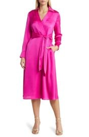 Tahari ASL Long Sleeve Hammered Satin Faux Wrap Midi Shirtdress at Nordstrom