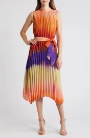 Tahari ASL Ombr Colorblock Pleated Midi Dress in Orange Multi at Nordstrom