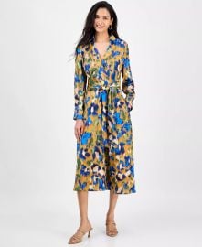 Tahari ASL Printed V Neck Tie Waist Midi Dress at Macys