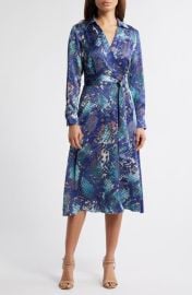 Tahari Long Sleeve Hammered Satin Wrap Front Shirtdress at Nordstrom