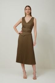 Tailored Wool Blend Belted Pleat Detail Midi Dress at Karen Millen