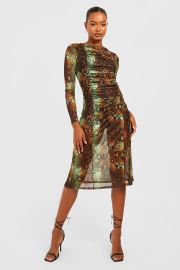 Tall Ruche Front Snake Mesh Midi Dress at Boohoo