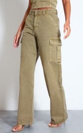Tall Washed Khaki Low Rise Wide Leg Cargo Jeans Tall PLT USA at Pretty Little Thing