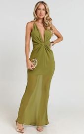 Tamara Maxi Dress - Plunge Neck Ruched Open Back Dress in Sage Showpo USA at Showpo