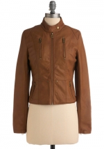 Tan leather style jacket at Modcloth