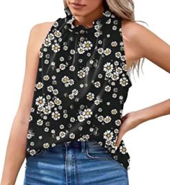 Tank Tops for Women Loose Fit Dressy Ruffle Stand Collar Halter Mock Neck Vintage Boho Floral Sleeveless Tank Black M at Womens Clothing store at Amazon