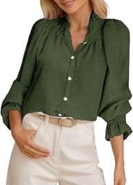 Tankaneo Womens Puff Long Sleeve Button Down Shirts Ruffle Mock Neck Blouses Dressy Casual Loose Fit Tops at Amazon