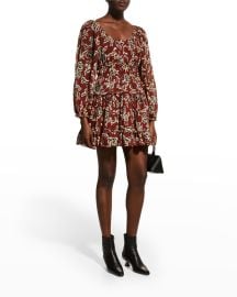 Tanya Taylor Edita Crinkled Puff-Sleeve Tiered Mini Dress at Neiman Marcus