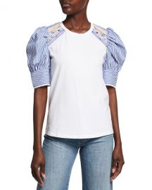 Tanya Taylor Maddie Embellished Stripe-Sleeves Top at Neiman Marcus