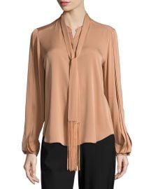 Tara Fringed Tie-Neck Stretch-Silk Blouse at Neiman Marcus