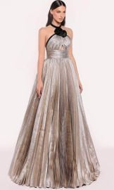 Tarik Ediz 98808 - Long Jacquard A-Line Dress - Shirred Metallic Sleeveless Cross Strap with Floral Applique Midrise Back Floor Length Hem Couture Candy at Couture Candy