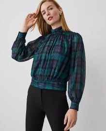 Tartan Shirred Mock Neck Popover at Ann Taylor