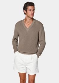 Taupe Ribbed V-Neck in Pure Cotton SUITSUPPLY at Suitsupply