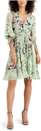 Taylor Dresses womens Petite Taylor Dresses Long Smocked Sleeve Ruffle V-neck Faux Wrap Floral Short Chiffon With Wa Dress MintHazelnut 6-7 Petite US at Womens Clothing store at Amazon