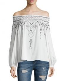 Teagan Off-The-Shoulder Tribal-Print Blouse  White at Neiman Marcus