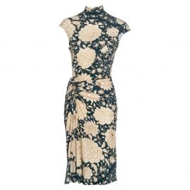 Teal Floral Ruched Dress by Roberto Cavalli at Farfetch