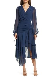 Ted Baker London Kiali Ruched Tie Long Sleeve Georgette Midi Dress at Nordstrom