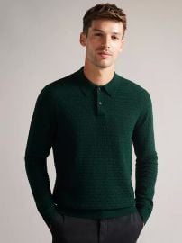 Ted Baker Patter Long Sleeve Knitted Textured Polo Top Dark Green at John Lewis