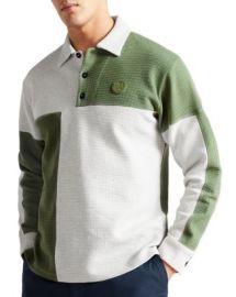 Ted Baker Wickam Cotton Textured Waffle Knit Color Blocked Long Sleeve Polo Shirt Bloomingdales at Bloomingdales