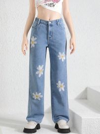 Teen Girls High Waist Straight Leg Jeans With Daisy Embroidery Casual And Relaxed Fit USA at Shein