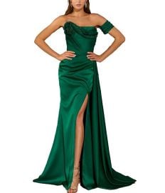 Terani Couture Off The Shoulder Ruched Satin Gown Dillardx27s at Dillards