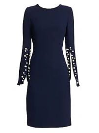 Teri Jon by Rickie Freeman - Crepe Split-Sleeve Pearl-Trim Wool Sheath Dress at Saks Fifth Avenue